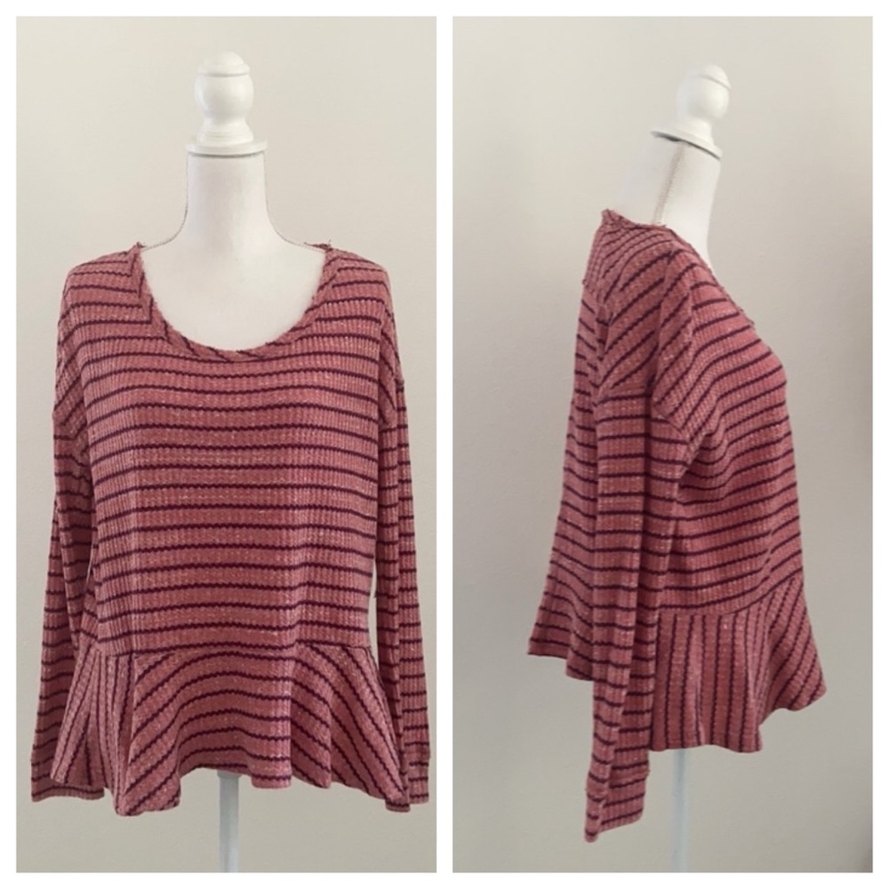 Free People pink striped thermal long sleeve shirt Auntie Em peplum ruffle M